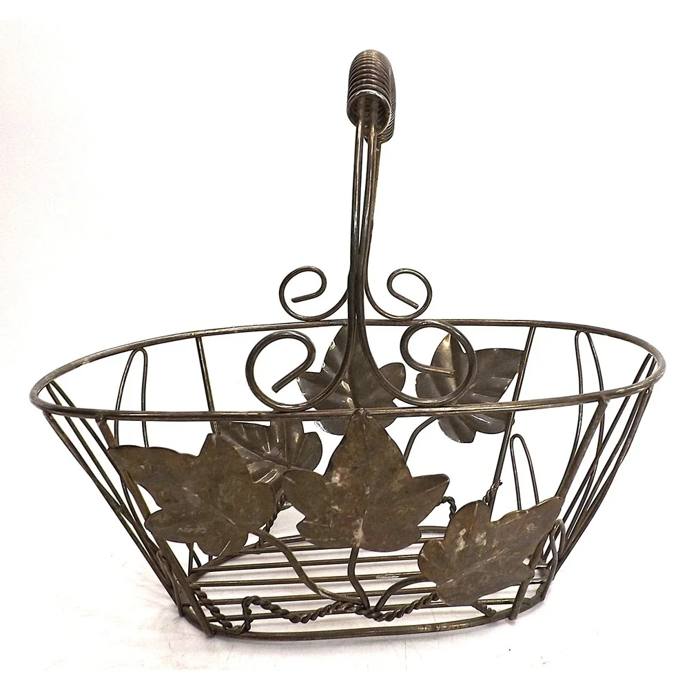 Heavy Wire Metal Grape Leaf Handle Fruit Egg Decorative Basket - 9 x 5 x4